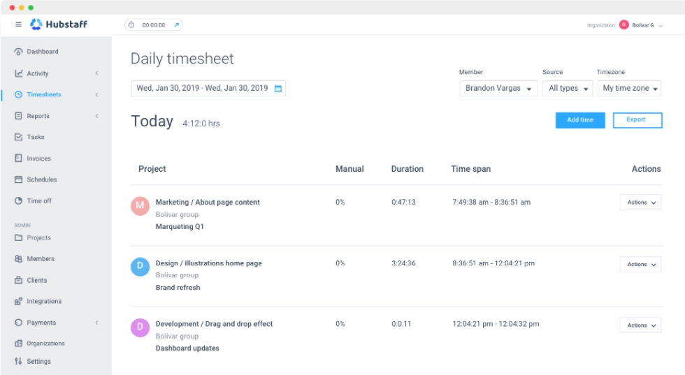 Hubstaff time tracking dashboard