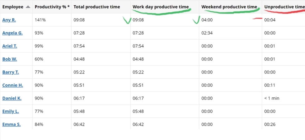 WorkTime productivity per employee.